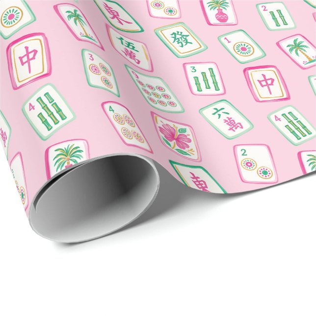 Rosa & Gröna Palm Beach Mahjong-brickor Presentpapper (Rullad Hörn)