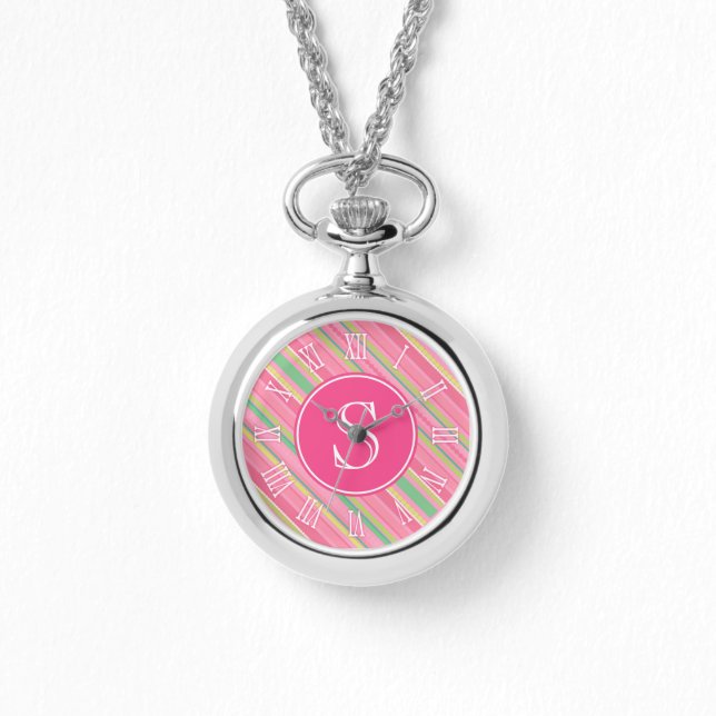 Rosa, gröna randiga grafiskt märke ur armbandsur (Framsida)