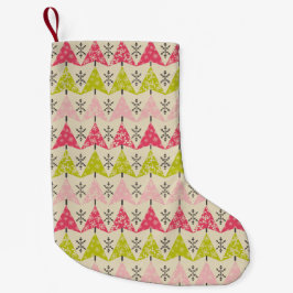 Rosa & gröna träd med snöflingor liten julstrumpa