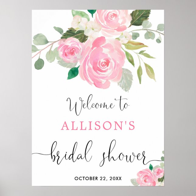 Rosa grönskande blomsterbröllopsdusch välkomstskyl poster (Framsidan)