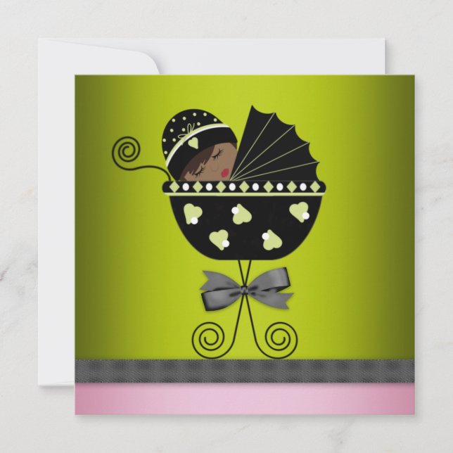 Rosa Grönt African American Flicka Shower Inbjudningar (Framsida)