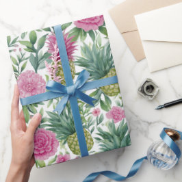 Rosa Grönt Akvarell Blommig Ananas Mönster Presentpapper