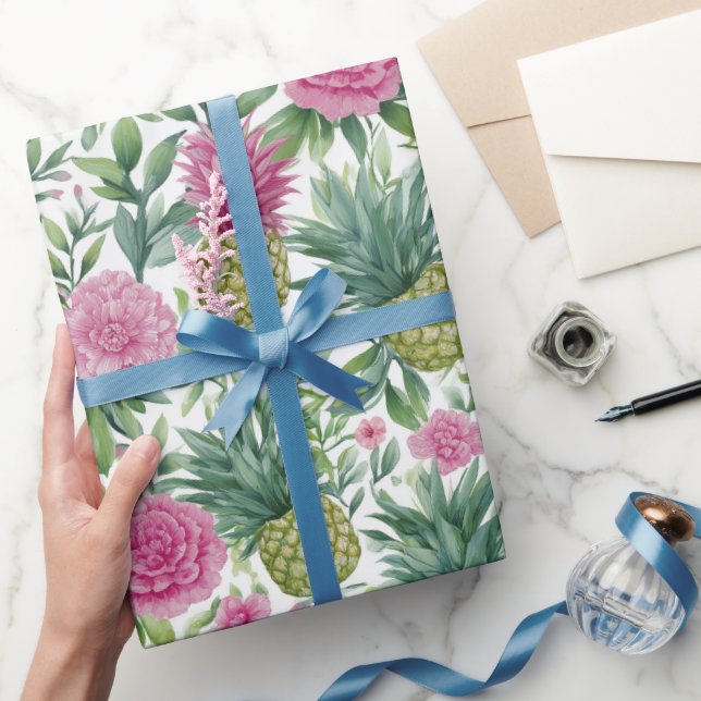 Rosa Grönt Akvarell Blommig Ananas Mönster Presentpapper (Gifting)