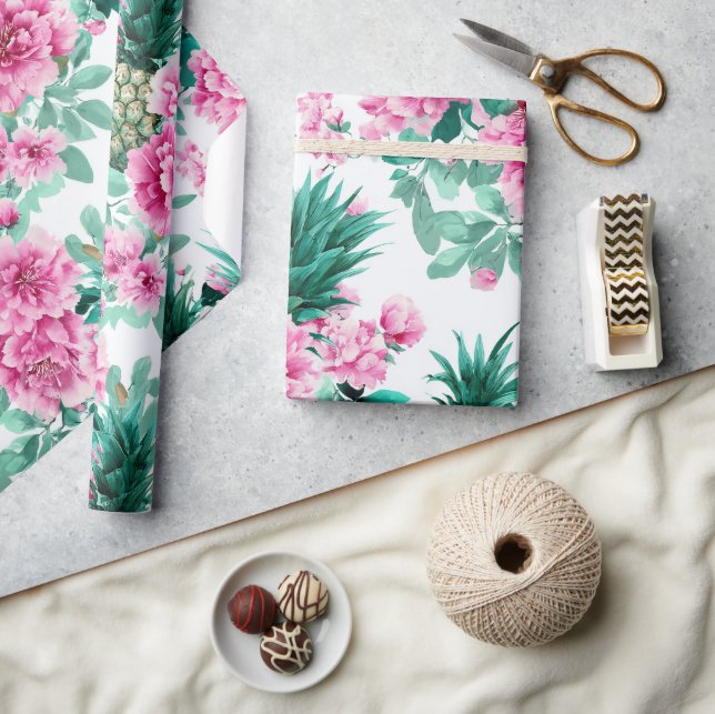 Rosa Grönt Akvarell Blommig Ananas Mönster Presentpapper (Hantverk)