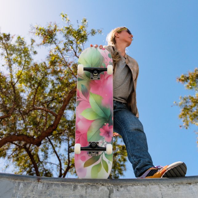 Rosa Grönt Akvarell Botaniskt Blommande Mini Skateboard Bräda 18,5 Cm (Utomhus 1)