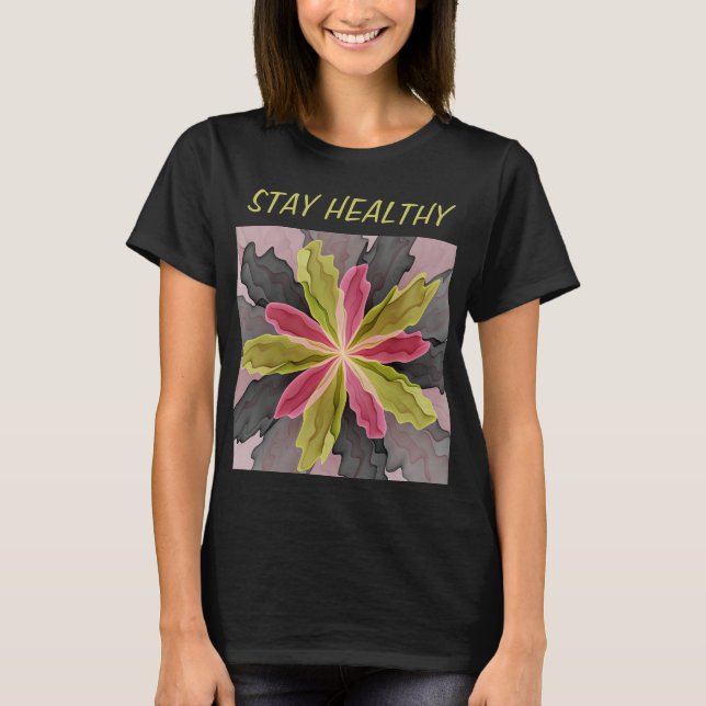 Rosa Grönt Antracit Fantasy Flower Fractal Text T Shirt (Framsida)