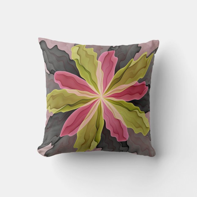 Rosa Grönt Antracite Fantasy Flower Fractal Art Kudde (Framsida)