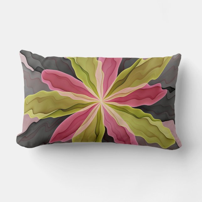 Rosa Grönt Antracite Fantasy Flower Fractal Art Lumbarkudde (Framsida)
