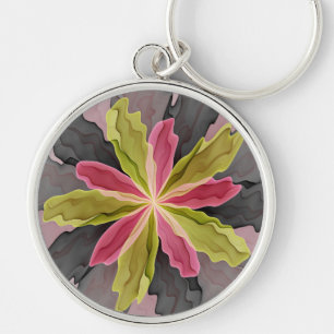 Rosa Grönt Antracite Fantasy Flower Fractal Art Rund Silverfärgad Nyckelring