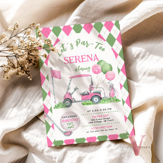Rosa Grönt Argyle Golf Birthday Par-Tee-inbjudan Inbjudningar
