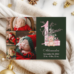 Rosa Grönt Baby Första jul 4 Foto Julkort