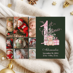 Rosa Grönt Baby Första jul 9 Foto Julkort