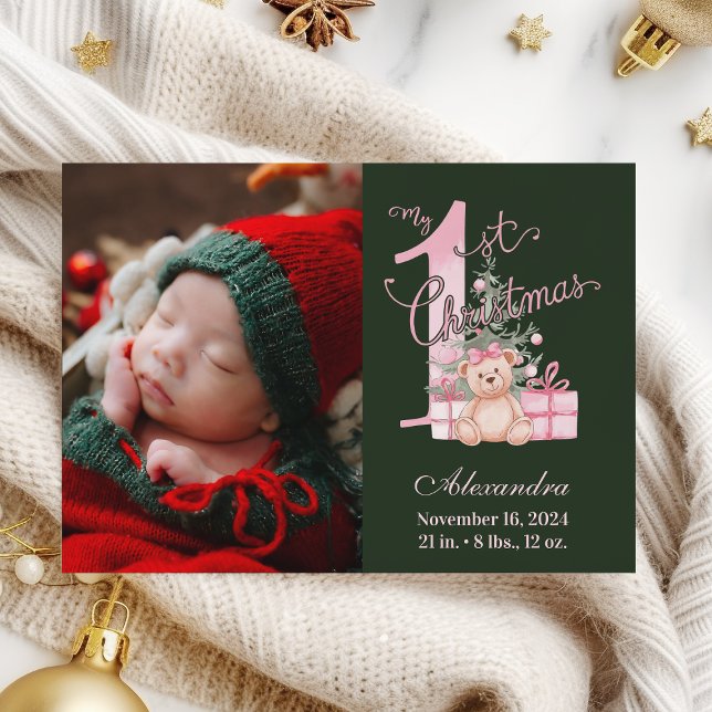 Rosa Grönt Baby Första julfoto Julkort (Skapare uppladdad)