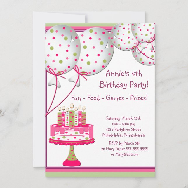 Rosa Grönt Balloons Cake Girls 4e födelsedagen Par Inbjudningar (Framsida)