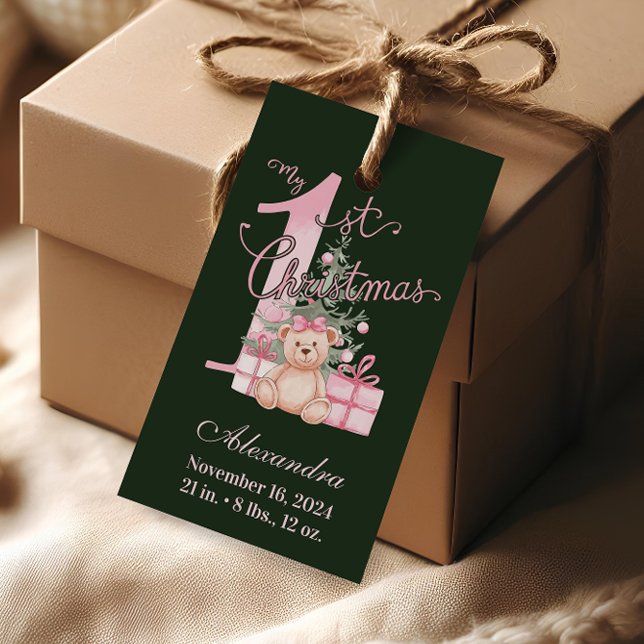 Rosa Grönt Barns Första Jul Presentetikett (Skapare uppladdad)