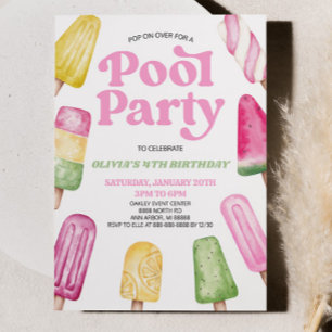 Rosa Grönt Bassäng Party Popsicle Födelsedagsfest Inbjudningar