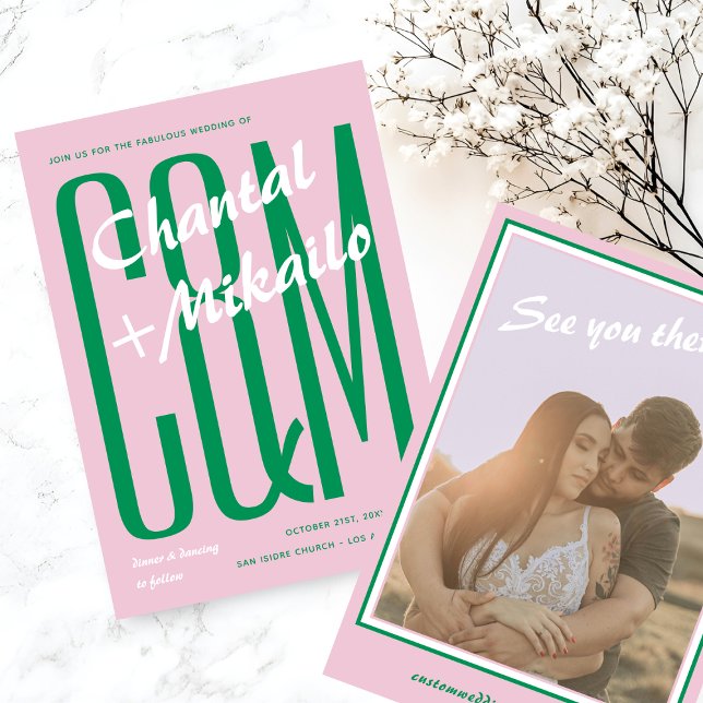 Rosa Grönt Big Monogram Kreativ Bold Roligt Bröllo Inbjudningar (Skapare uppladdad)