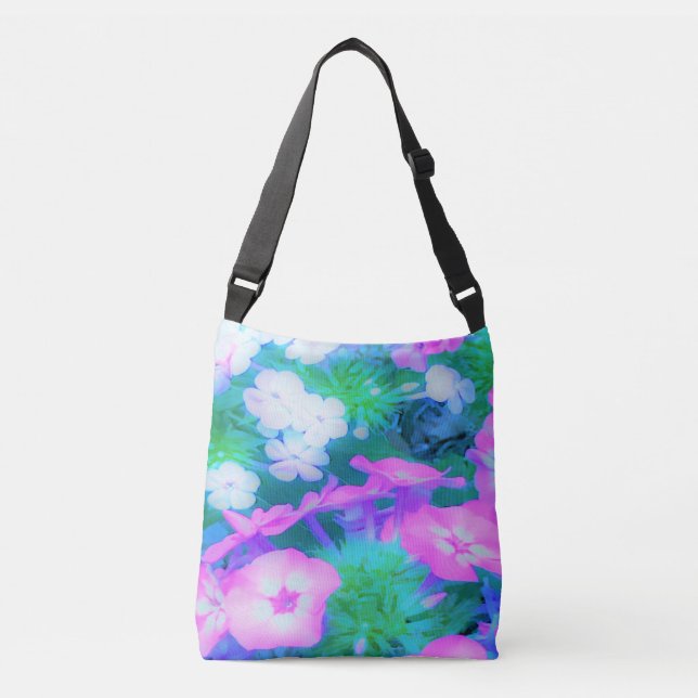 Rosa, Grönt, Blå och vita trädgårdsblommor Axelväska (Framsida)