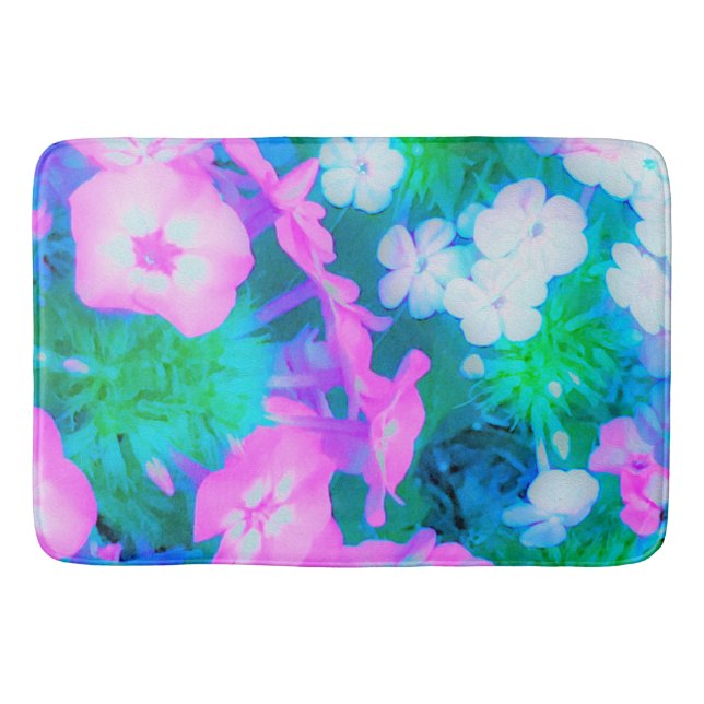 Rosa, Grönt, Blå och vita trädgårdsblommor Badrumsmatta (Framsidan)