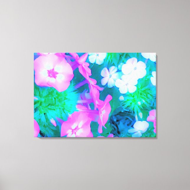 Rosa, Grönt, Blå och vita trädgårdsblommor Canvastryck (Framsida)