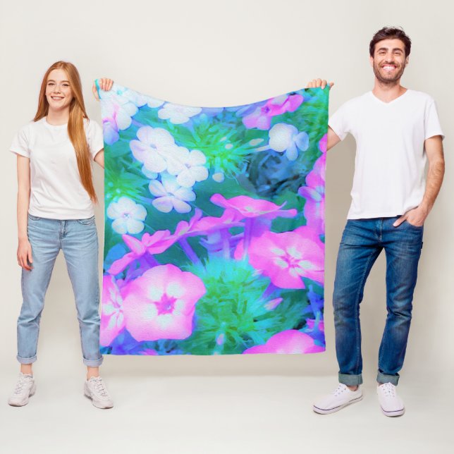 Rosa, Grönt, Blå och vita trädgårdsblommor Fleecefilt (På plats)