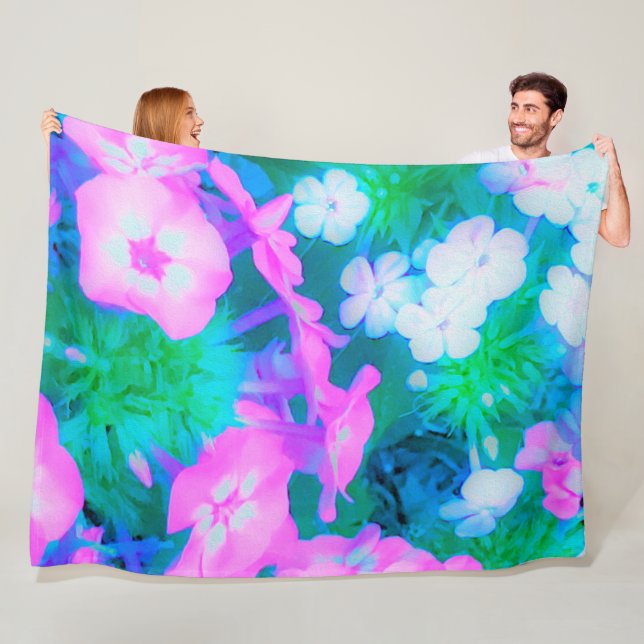 Rosa, Grönt, Blå och vita trädgårdsblommor Fleecefilt (På plats)