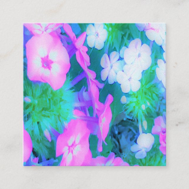 Rosa, Grönt, Blå och vita trädgårdsblommor Fyrkantigt Visitkort (Framsida)