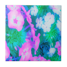 Rosa, Grönt, Blå och vita trädgårdsblommor Kakelplatta