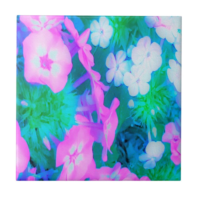Rosa, Grönt, Blå och vita trädgårdsblommor Kakelplatta (Framsidan)