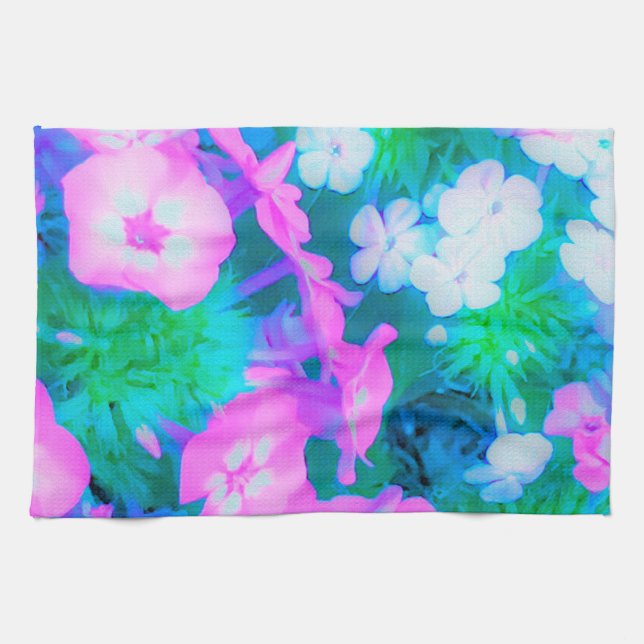 Rosa, Grönt, Blå och vita trädgårdsblommor Kökshandduk (Horisontell)