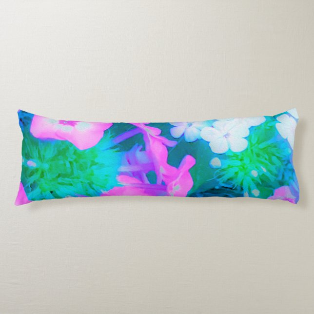 Rosa, Grönt, Blå och vita trädgårdsblommor Kroppskudde (Framsidan)