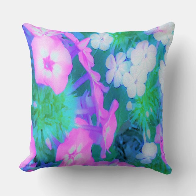 Rosa, Grönt, Blå och vita trädgårdsblommor Kudde (Framsida)