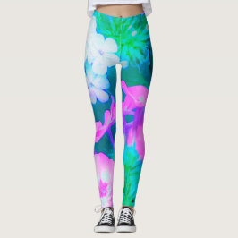 Rosa, Grönt, Blå och vita trädgårdsblommor Leggings