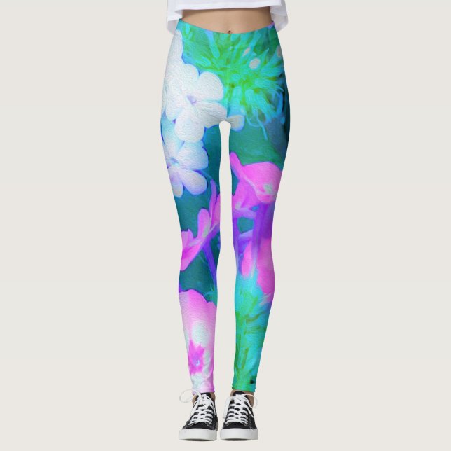 Rosa, Grönt, Blå och vita trädgårdsblommor Leggings (Framsida)