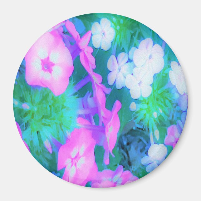 Rosa, Grönt, Blå och vita trädgårdsblommor Magnet (Framsidan)