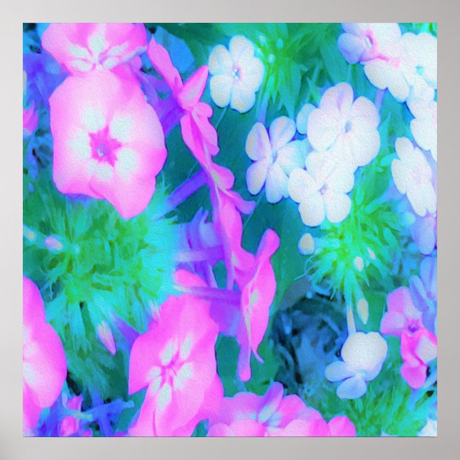 Rosa, Grönt, Blå och vita trädgårdsblommor Poster (Framsidan)