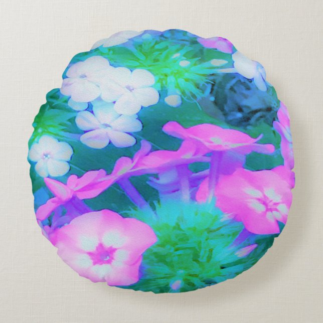Rosa, Grönt, Blå och vita trädgårdsblommor Rund Kudde (Framsidan)