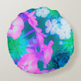 Rosa, Grönt, Blå och vita trädgårdsblommor Rund Kudde