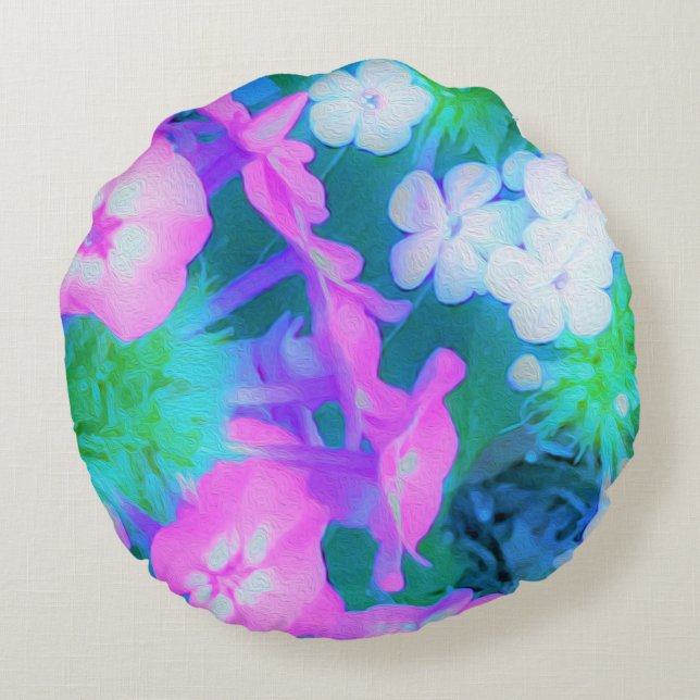 Rosa, Grönt, Blå och vita trädgårdsblommor Rund Kudde (Baksidan)