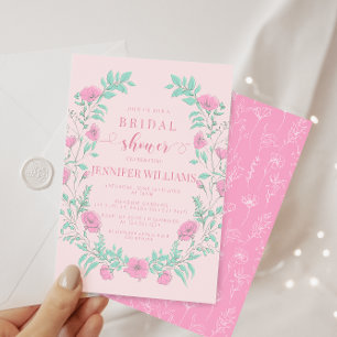 Rosa grönt blommigt  andedräkt möhippa inbjudningar
