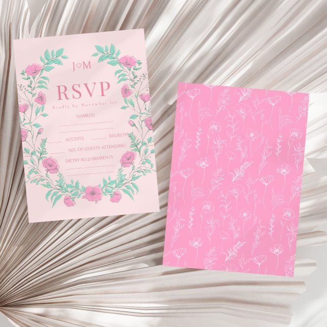 Rosa grönt blommigt andningsstrupe bröllop OSA kort (Skapare uppladdad)