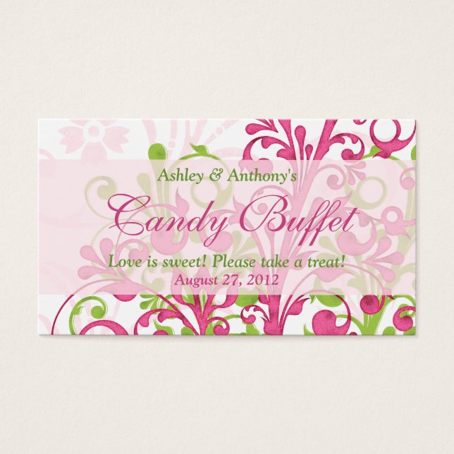 Rosa Grönt Blommigt Bröllop Candy Buffet Gift Card Visitkort (Framsidan)