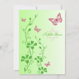 Rosa, Grönt Blommigt Butterflies Bat mitzvah Inbju Inbjudningar