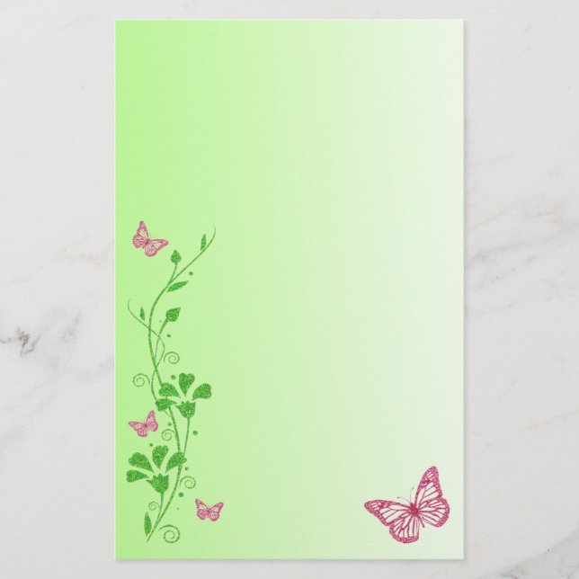 Rosa, Grönt Blommigt Butterflies Bröllop Stationer Brevpapper (Framsida)
