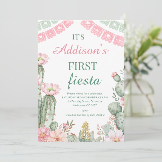 Rosa Grönt Blommigt Cactus First Fiesta 1:a födels Inbjudningar (Stående Fram)