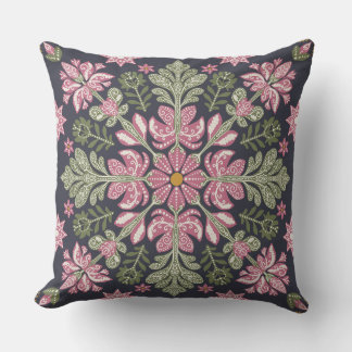 Rosa-Grönt Blommigt Cushion med Rustic Folk Art Kudde