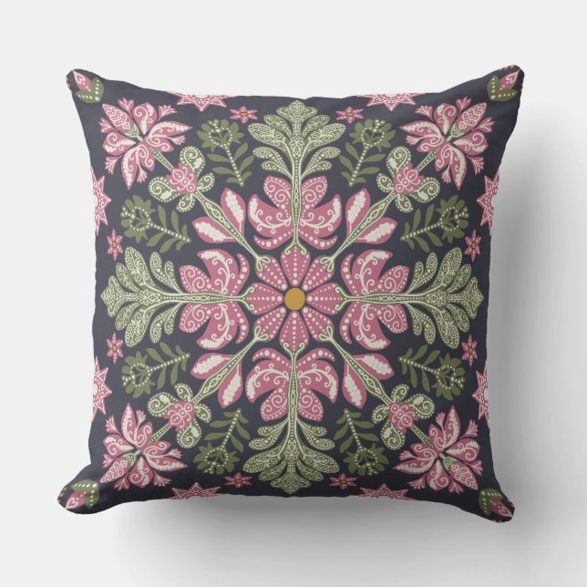 Rosa-Grönt Blommigt Cushion med Rustic Folk Art Kudde (Framsida)