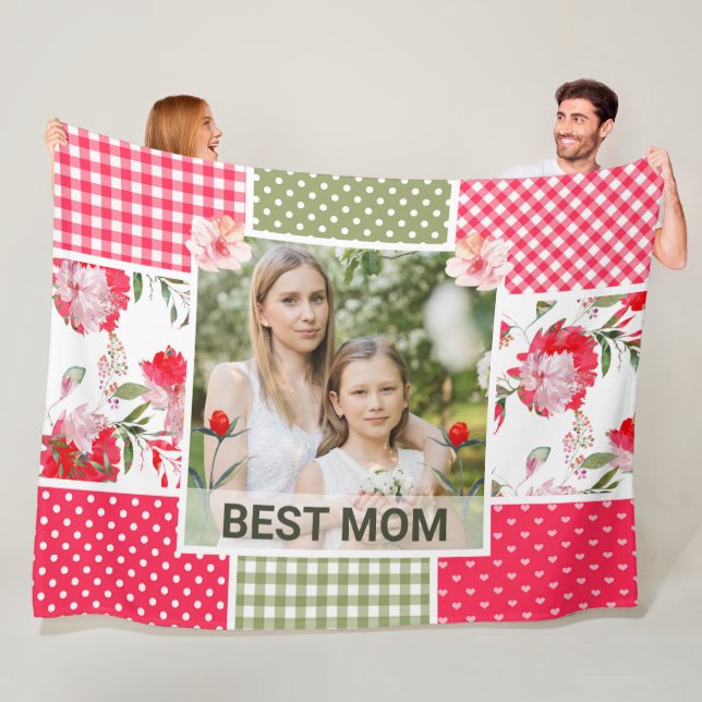 Rosa & Grönt Blommigt för vattenfärg,  Patchwork M Fleecefilt (På plats)