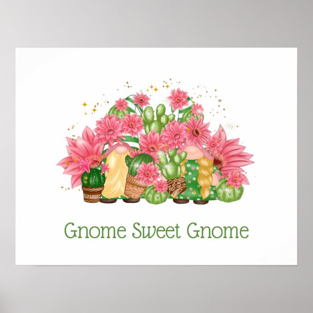 Rosa Grönt Blommigt Gnomes Gnome Sweet Gnome Poster (Framsidan)