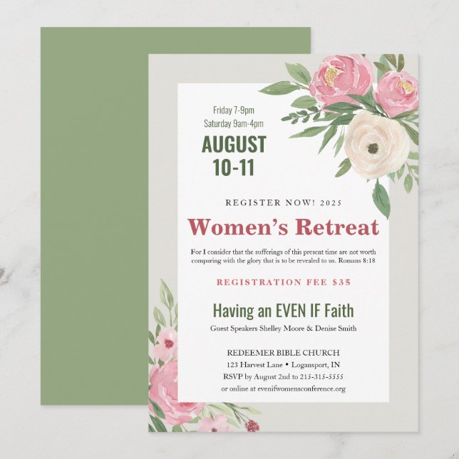 Rosa Grönt Blommigt Kyrka Kvinna Retreat Inbjudningar (Fram/baksida)
